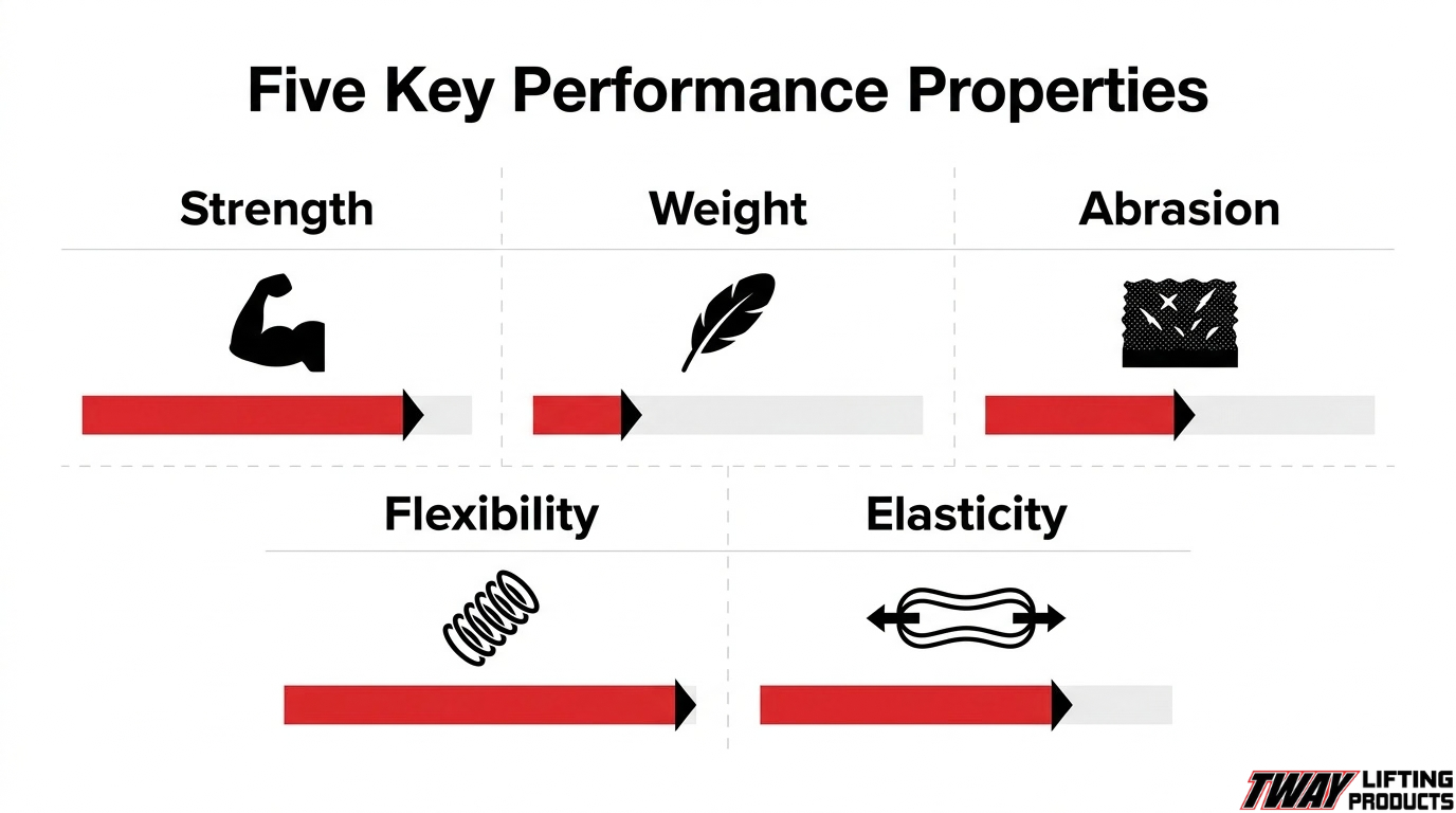 Sling performance properties infographic comparing strength, weight, abrasion resistance, flexibility, and elasticity.