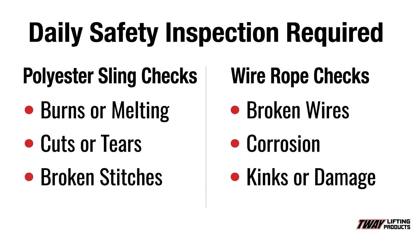 1. Daily sling safety inspection checklist comparing polyester sling checks for burns, cuts, tears, and broken stitches with wire rope checks for broken wires, corrosion, kinks, and damage.