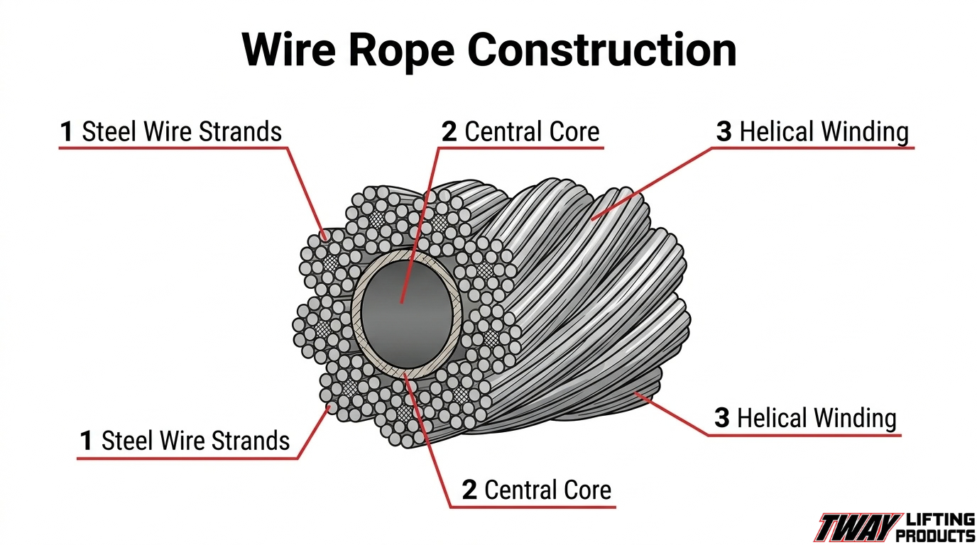 Wire rope construction diagram showing steel wire strands, the central core, and helical winding structure.