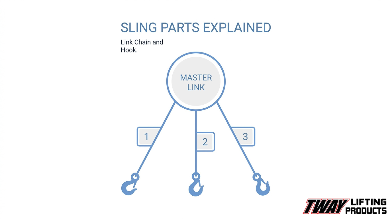 Diagram of a three-leg chain sling showing the master link, three connecting sling legs, and lifting hooks used for multi-point load lifting.