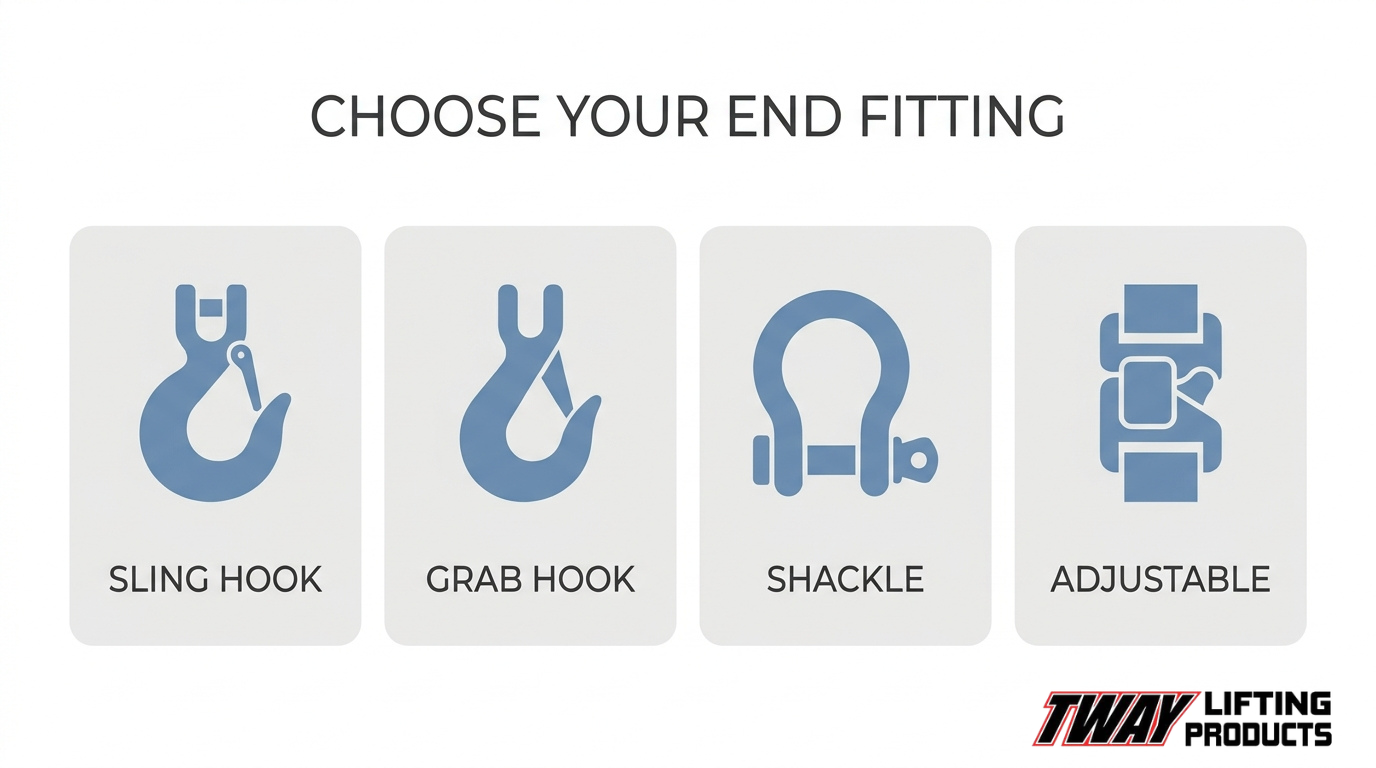 Infographic comparing four chain sling end fittings: sling hooks, grab hooks, shackles, and adjustable fittings for lifting applications.