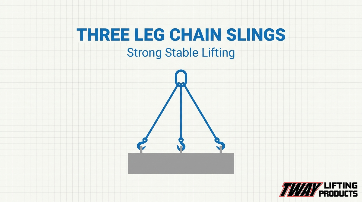 Illustration of a three-leg chain sling with a master link and three lifting hooks attached to a rectangular load for stable multi-point lifting.