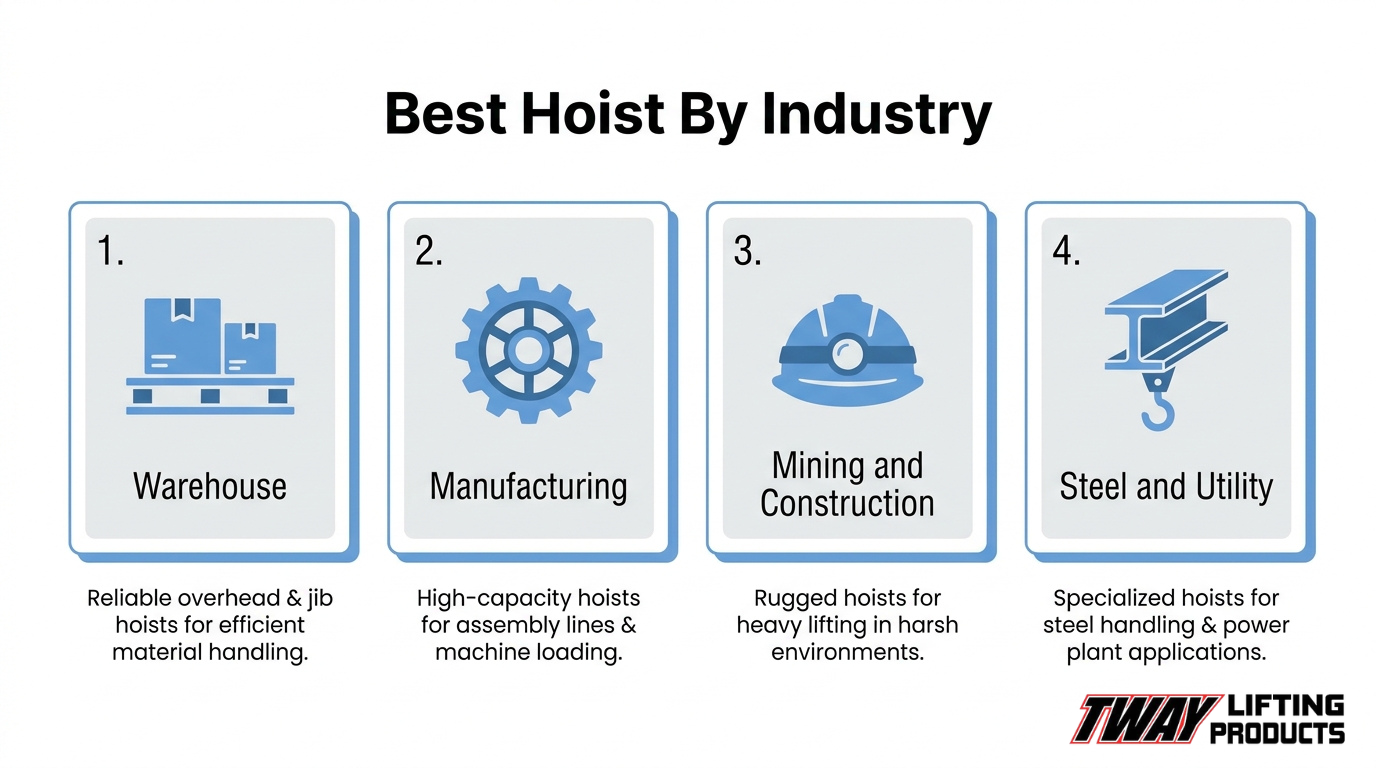 Industrial hoist applications across warehouses, manufacturing facilities, mining and construction sites, and steel and utility operations.