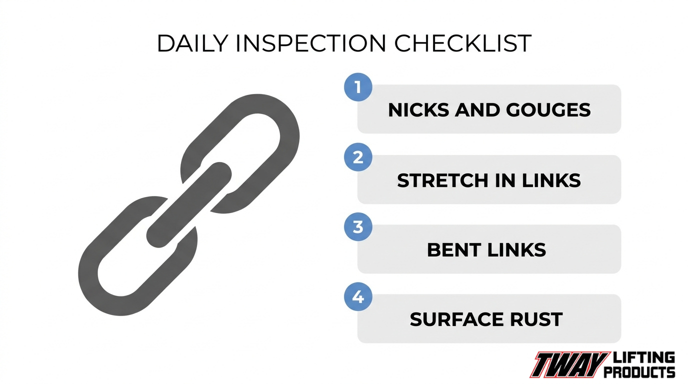 Chain sling pre-use inspection checklist highlighting four signs of damage: nicks and gouges, stretched links, bent links, and surface rust.