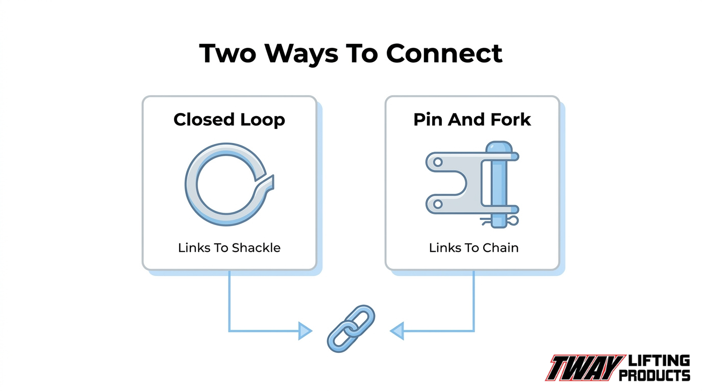 Diagram comparing eye hook and clevis hook connections, showing a closed eye loop attached to a shackle and a pin-and-fork connection attached to a chain.