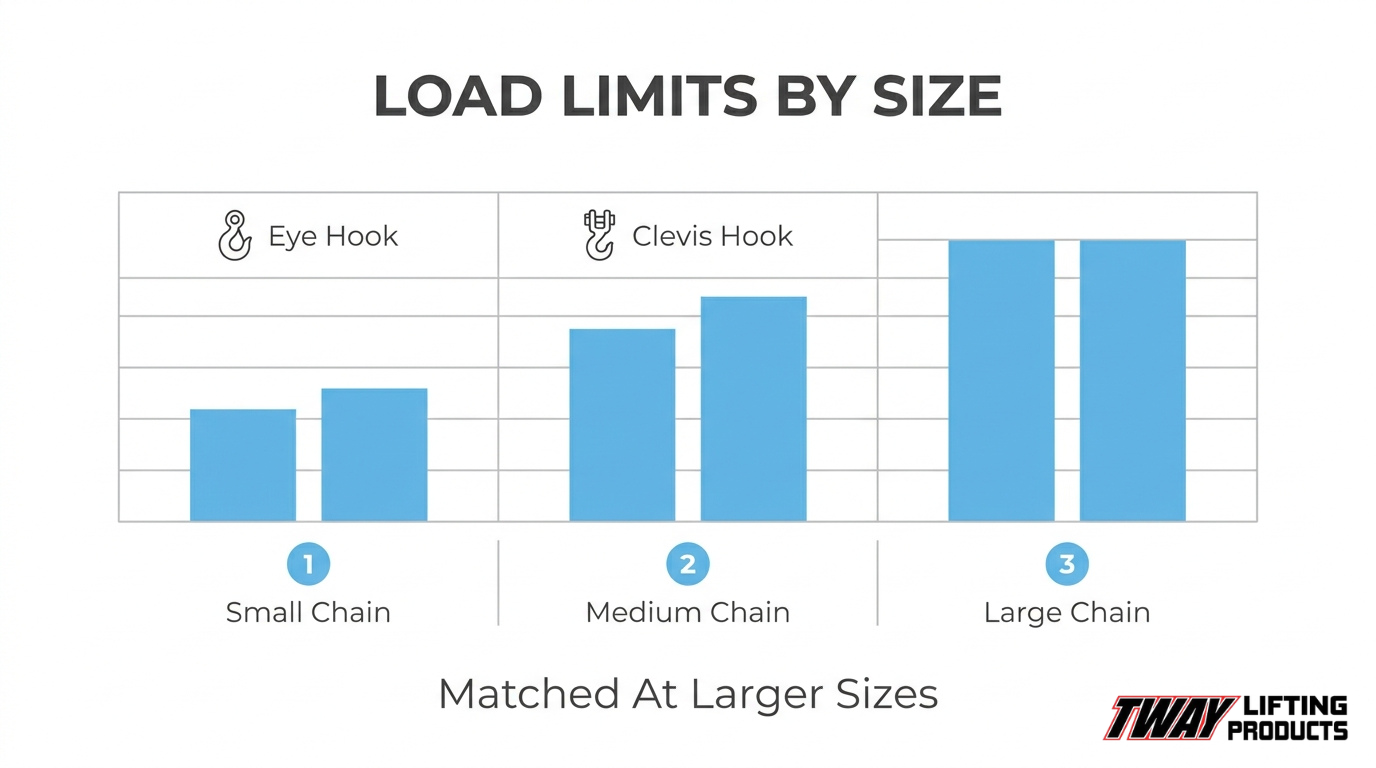 Eye hook vs clevis hook load capacity comparison chart showing working load limits across small, medium, and large chain sizes.