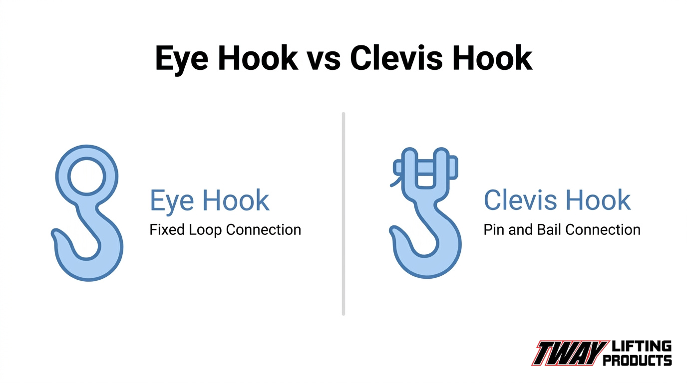 Side-by-side comparison of an eye hook with a fixed loop connection and a clevis hook with a pin-and-bail connection for industrial lifting applications.