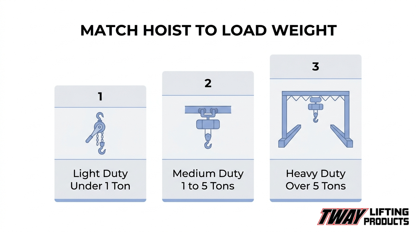 Industrial hoist load capacity selection chart comparing light-duty hoists under 1 ton, medium-duty hoists from 1 to 5 tons, and heavy-duty hoists over 5 tons.