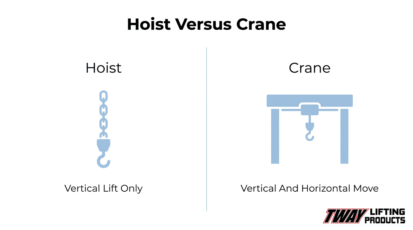 Hoist versus crane comparison showing a chain hoist for vertical lifting and an overhead crane for vertical and horizontal material movement.