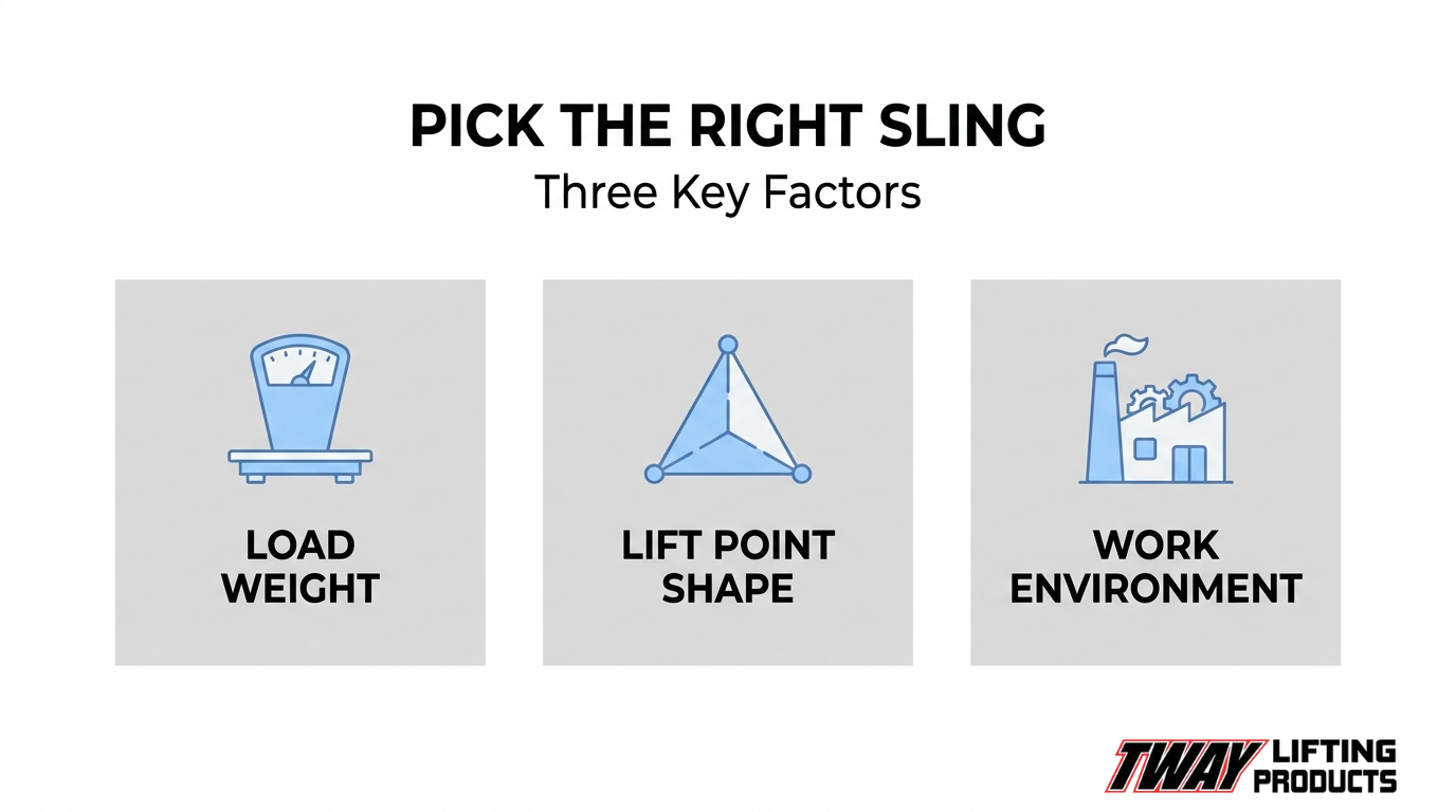Infographic showing three key factors for selecting a three-leg chain sling: load weight, lifting point configuration, and work environment.
