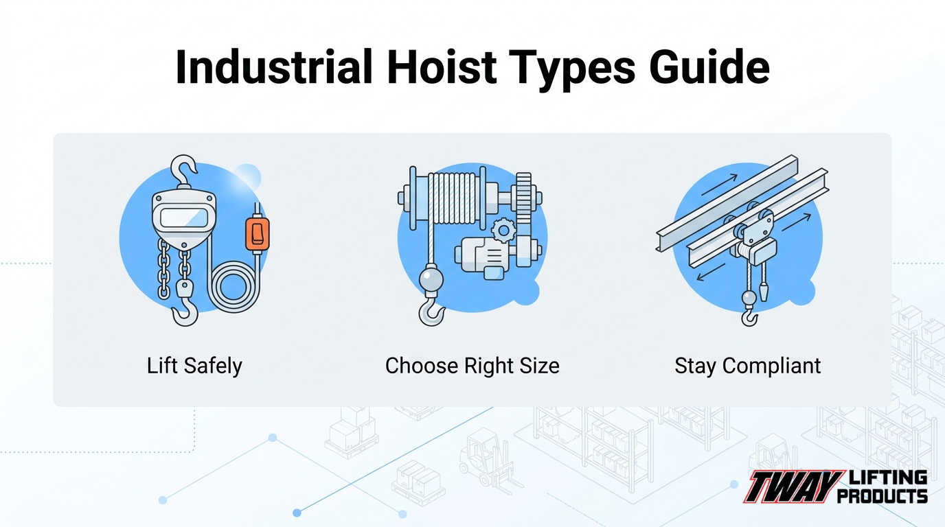 Industrial hoist types guide featuring chain hoists, wire rope hoists, and overhead trolley systems for safe lifting, load capacity selection, and logistics operations.