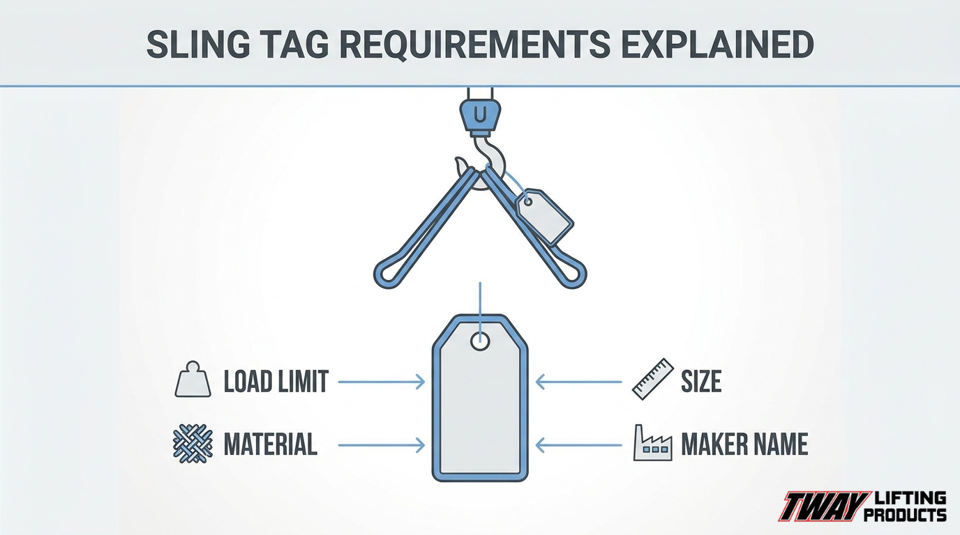 Industrial sling tag requirements diagram showing a lifting sling with an identification tag highlighting load limit, material and size.