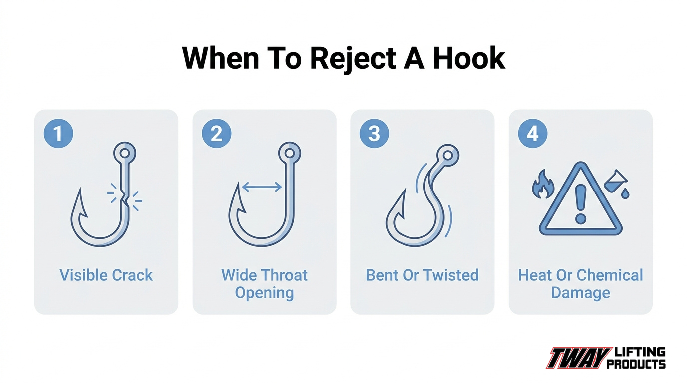 Lifting hook inspection checklist showing four rejection signs: visible cracks, widened throat openings, bent or twisted hooks, and heat or chemical damage.