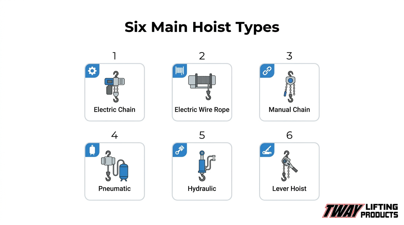 Comparison of six industrial hoist types: electric chain, electric wire rope, manual chain, pneumatic, hydraulic, and lever hoists.