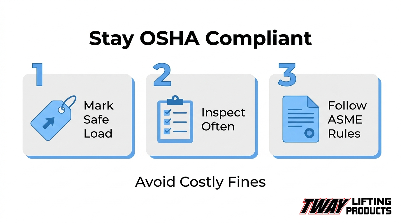 Industrial hoist safety compliance checklist highlighting safe load markings, regular equipment inspections, and ASME standards for lifting operations.