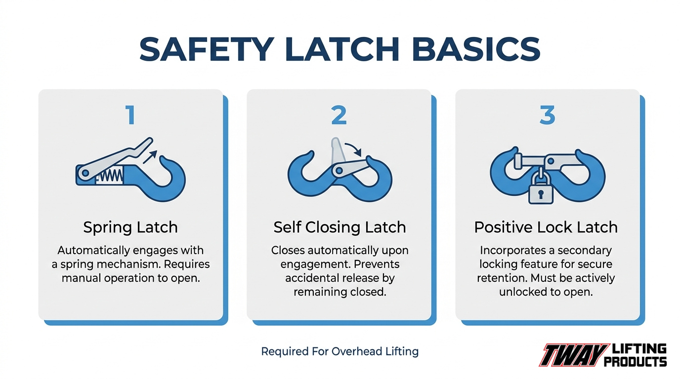 Comparison of three lifting hook safety latch types: spring latch, self-closing latch, and positive lock latch for secure overhead lifting operations.