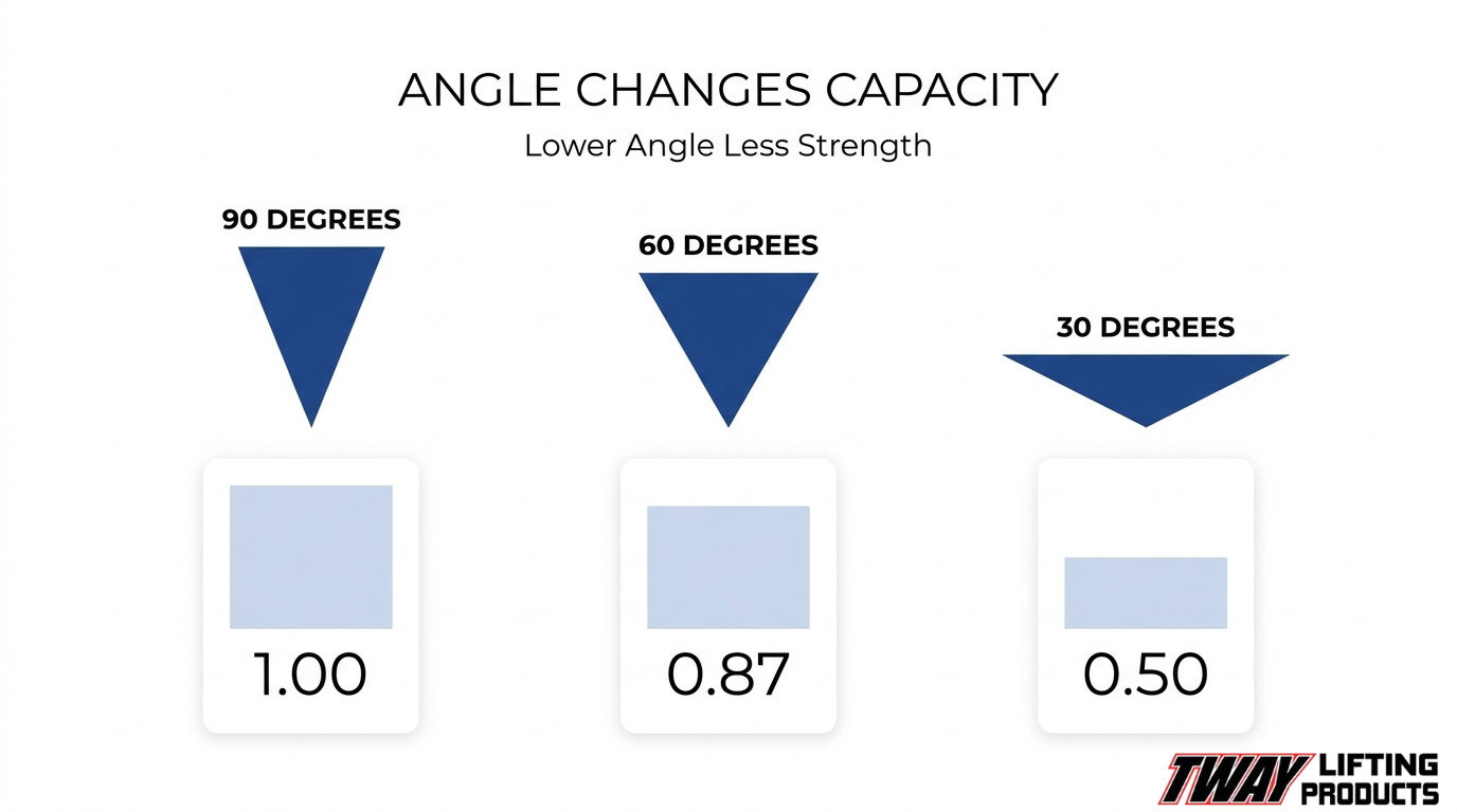 Three-leg chain sling angle capacity chart comparing illustrated capacity factors of 1.00 at 90 degrees, 0.87 at 60 degrees, and 0.50 at 30 degrees.