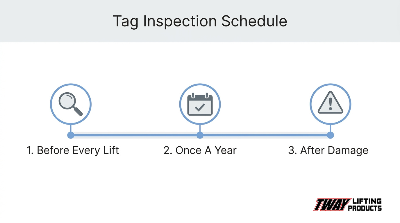 Industrial lifting sling tag inspection schedule showing three checkpoints: before every lift, once a year, and after damage occurs.