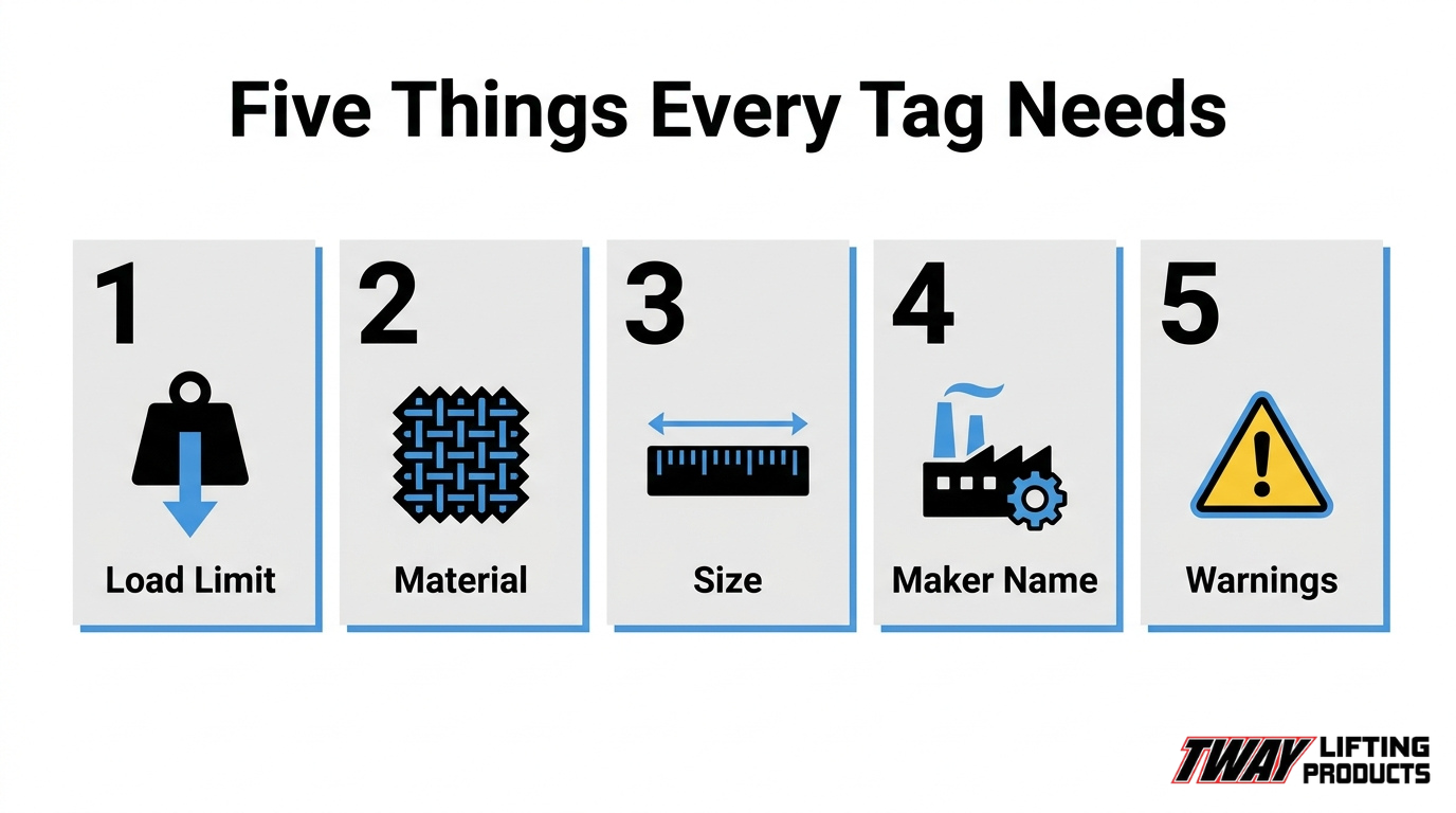 Industrial lifting sling identification tag checklist showing five information categories: load limit, material, size and safety warnings.