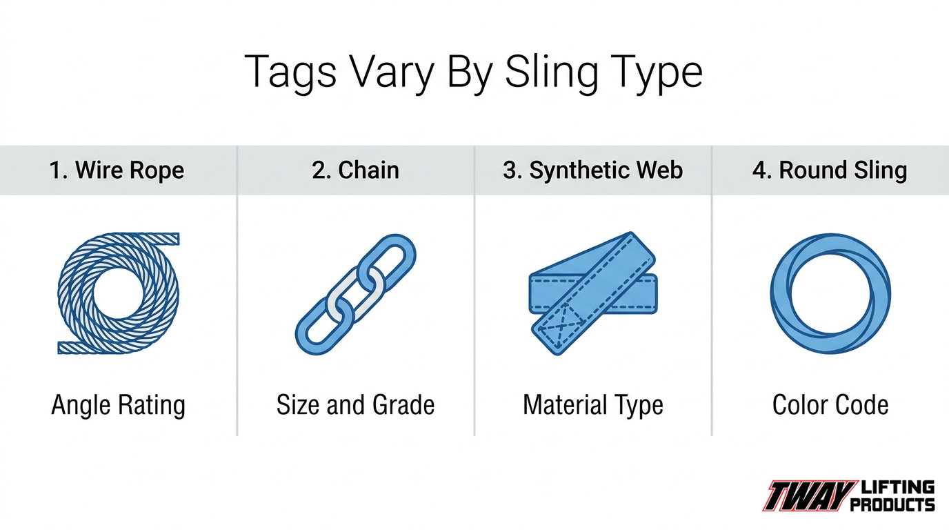 Comparison of industrial sling tag requirements for wire rope, chain, synthetic web, and round slings, highlighting angle ratings, size and grade, material type, and color codes.