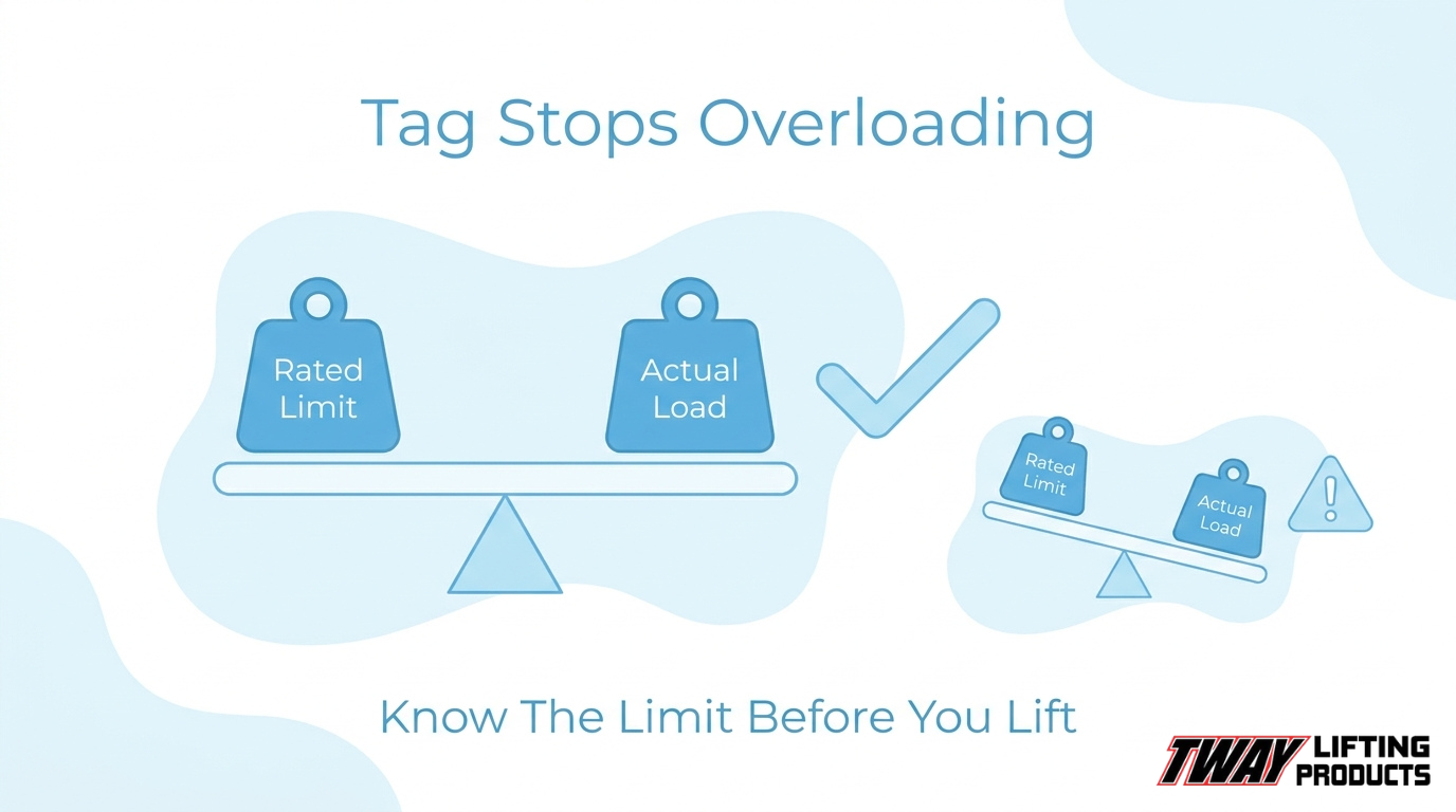 Industrial sling tag safety infographic comparing rated load limits with actual lifting loads to illustrate how working load limit identification helps prevent overloading.