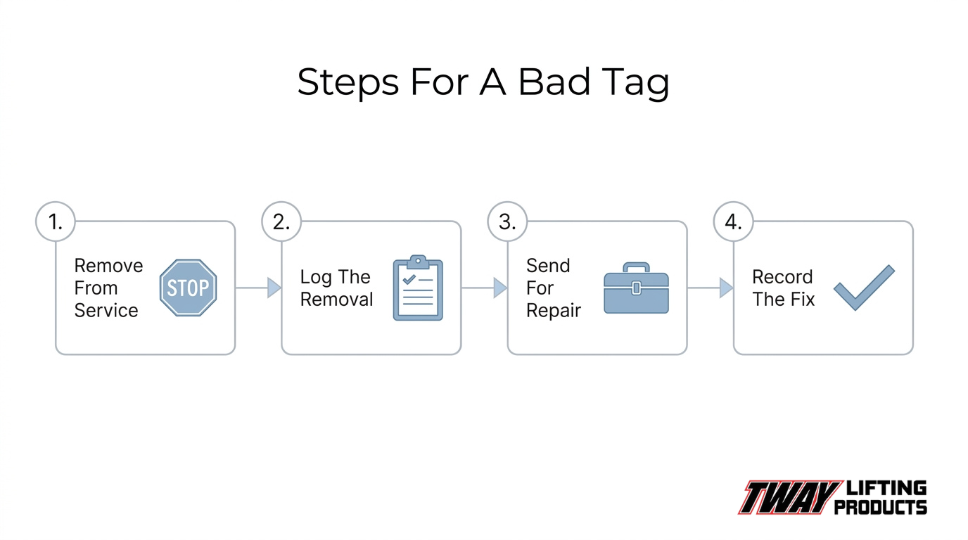 Four-step process for handling damaged or unreadable industrial sling tags: remove from service, log the removal, send for repair, and record the fix.